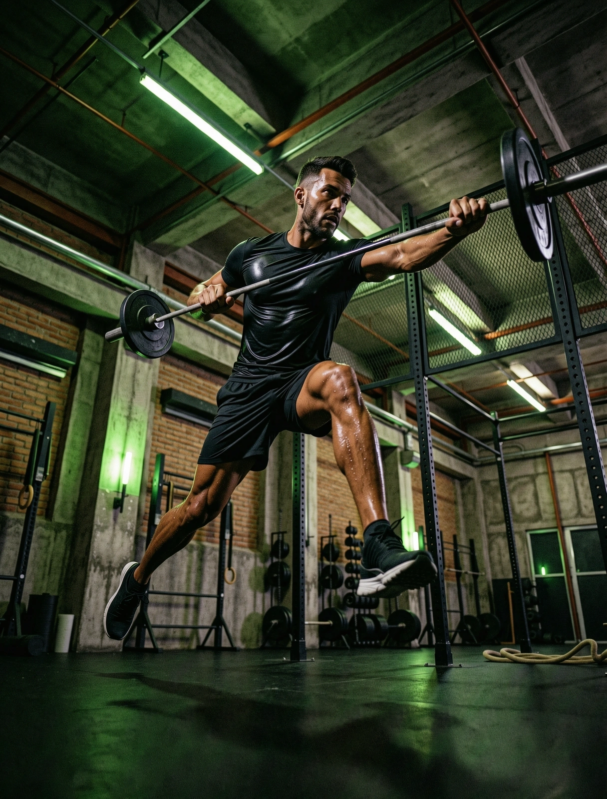 Athlete in motion within an industrial setting